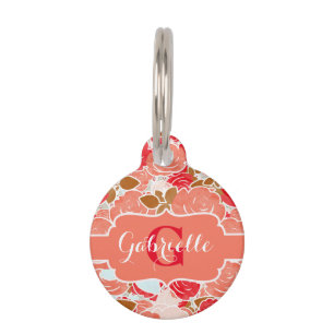 Médaillon Pour Animaux Peach & Gold Aquarelle Rose Monogramme Floral