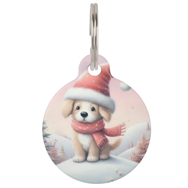 Médaillon Pour Animaux Petit chiot de Noël en chapeau santa (Devant)