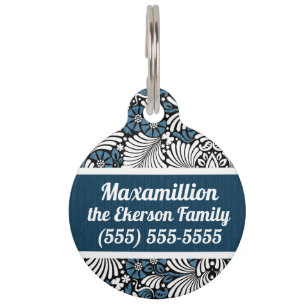 Médaillon Pour Animaux Pet's Two-Sided Retro Theme in Blue and White