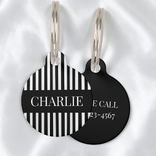Médaillon Pour Animaux Rayures noires et blanches modernes Nom personnali