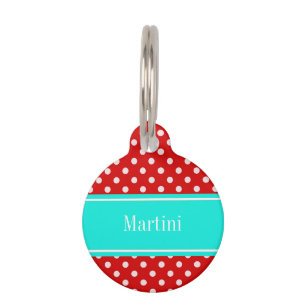 Médaillon Pour Animaux Red White Polka Dots Bright Aqua Nom Monogram