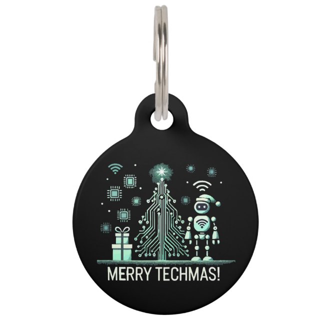 Médaillon Pour Animaux Robot IA avec arbre de Noël Tech - Joyeux Techmas (Devant)