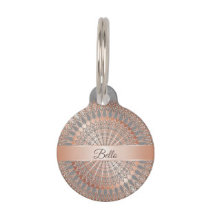 Médaillon Pour Animaux Rose Gold Grey Mandala Nom du chien Votre adresse