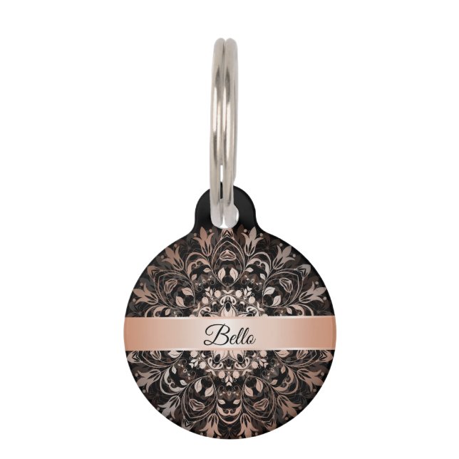 Médaillon Pour Animaux Rose Gold Noir Mandala Nom de votre chien Adresse (Devant)