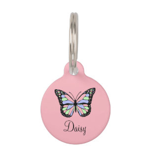 Médaillon Pour Animaux Rose mou avec Papillon, téléphone et nom