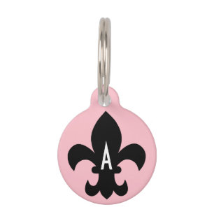 Médaillon Pour Animaux Rose noir et blanc Fleur de Lis Monogramme