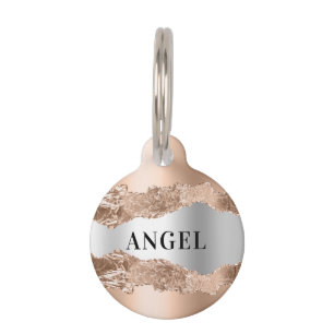 Médaillon Pour Animaux Rose or argent agate marbre nom