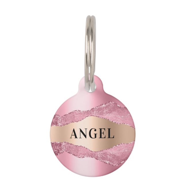 Médaillon Pour Animaux Rose rose or agate nom de marbre (Devant)