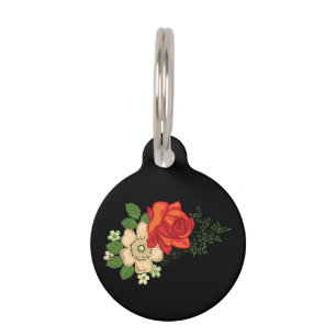 Médaillon Pour Animaux Rose rouge et marguerites sur fond noir