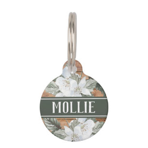 Médaillon Pour Animaux Rustic Wood White Floral Nom et adresse