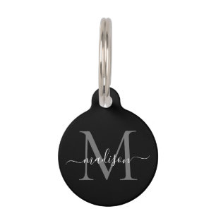 Médaillon Pour Animaux Simple noir gris argent Monogramme Feminine Script