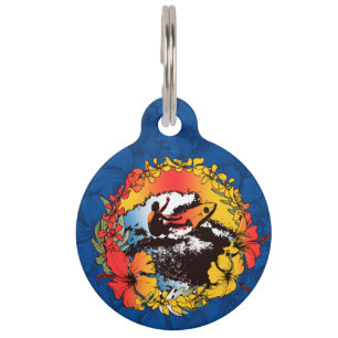 Médaillon Pour Animaux Surfeur Hawaïen Groovy Graphique Rétro des Années