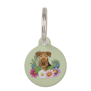 Médaillon Pour Animaux Tête de chien Airedale Terrier avec des fleurs col