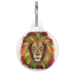 Médaillon Pour Animaux Tête de lion rasta rouge jaune vert dessin Jamaïqu