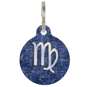 Médaillon Pour Animaux Virgo Zodiac Silver Sign on Navy Blue Digital Camo