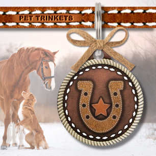 Médaillon Pour Animaux Western Stitched Leather Lucky Horseshoe et Star