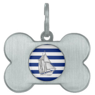 Médaillons Pour Animaux Domestiques Bateau à voile d'argent sur les bandes bleues nau