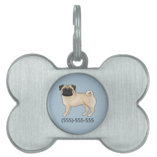 Médaillons Pour Animaux Domestiques Chien Fawn Pug Mignon avec Numéro de Téléphone