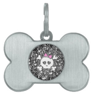 Médaillons Pour Animaux Domestiques Crâne Girly avec l'arc rose sur le regard argent