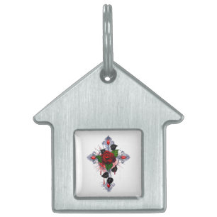Médaillons Pour Animaux Domestiques Croix d'argent avec une rose rouge