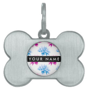 Médaillons Pour Animaux Domestiques Dahlia rose et bleu, motif floral, Votre nom