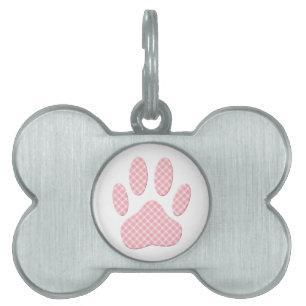 Médaillons Pour Animaux Domestiques Empreinte de patte Tartan Rose Et Blanc