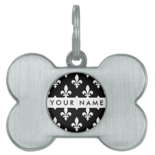 Médaillons Pour Animaux Domestiques Fleur de Lis, Blanc sur Noir, Blanc, Votre Nom