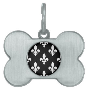 Médaillons Pour Animaux Domestiques Fleur de Lis Motif, Royal French, Blanc sur Noir