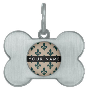 Médaillons Pour Animaux Domestiques Fleur de Lis, Vert sur Beige, Royal, Votre Nom