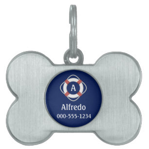 Médaillons Pour Animaux Domestiques Monogramme de sauvetage nautique bleu marine