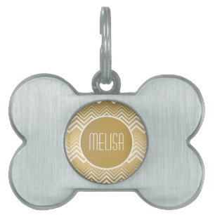 Médaillons Pour Animaux Domestiques Monogramme Or Et Blanc Zigzag Chevron