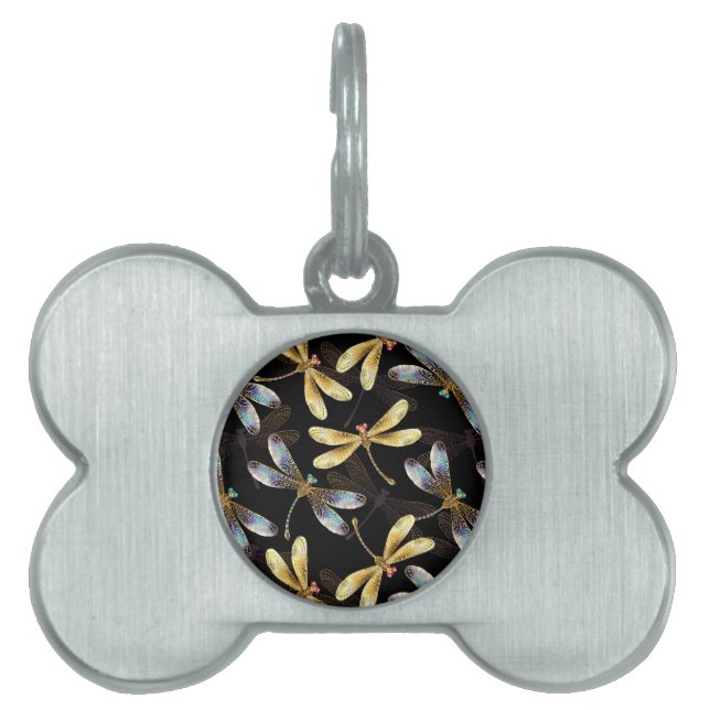 Médaillons Pour Animaux Domestiques Motif sans couture avec libellules d'or (Devant)