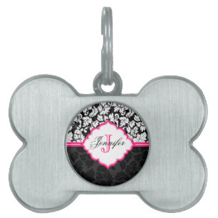 Médaillons Pour Animaux Domestiques Noir blanc et rose Vintage Damas florales