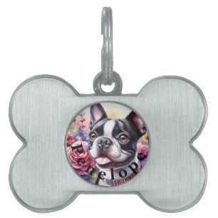 Médaillons Pour Animaux Domestiques Nom et Chien mignon et drôle fleurs aquarelle