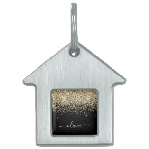 Médaillons Pour Animaux Domestiques Parties scintillant Noir Or Script Monogramme Nom 