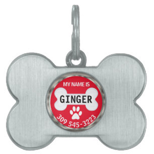 Médaillons Pour Animaux Domestiques Paw blanc et os en rouge Personnaliser