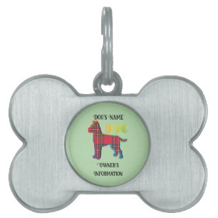 Médaillons Pour Animaux Domestiques Personnaliser Red Plaid Lt Green DOG Bone