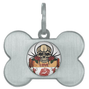 Médaillons Pour Animaux Domestiques RAB Rockabilly Crâne Roses Love Lipstick