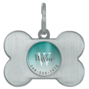 Médaillons Pour Animaux Domestiques Turquoise vert brossé monogramme métallique Ombre