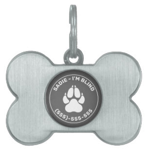 Médaillons Pour Animaux Domestiques White Paw On Grey With I'm Blind Text & Pet's Info