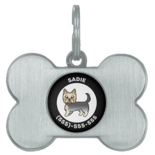 Médaillons Pour Animaux Domestiques Yorkshire Terrier bleu et or avec nom et numéro