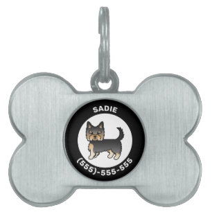 Médaillons Pour Animaux Domestiques Yorkshire Terrier noir et feu avec nom et numéro