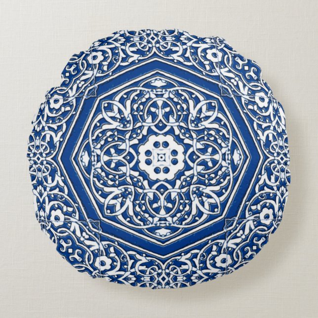 Medallion in het Perzische Tile Patroon - Blauw en Rond Kussen (Voorkant)