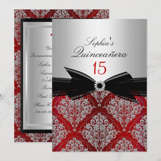 Mededelingen van Red Damask Bow Quinceanera Kaart (Voorkant / Achterkant)