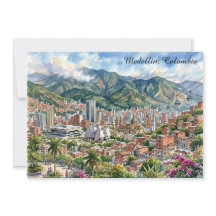 Medellin, Colombia Panorama Uitzicht Aquarel Kunst