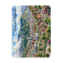 Medellin, Colombia Panorama Uitzicht Aquarel Kunst