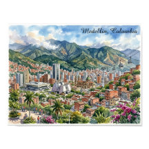 Medellin, Colombia Panorama Uitzicht Aquarel Kunst