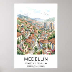 Medellin Reis Kunstprint Boho Aquarel Stad Poster
