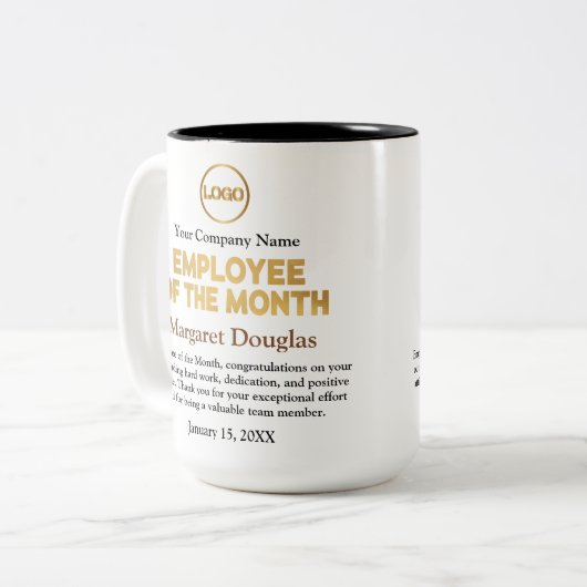 Medewerker van de maand Waardering | Goud en zwart Tweekleurige Koffiemok (Voorkant links)