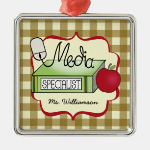 Media Specialist Book Apple & Computer Mouse Metalen Ornament